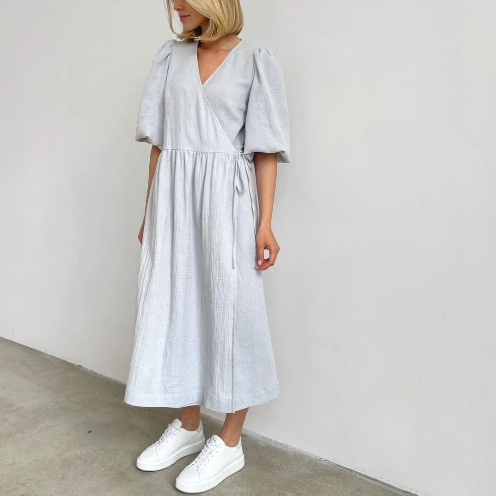 Cotton Crepe Puff Sleeve Maxi Dress