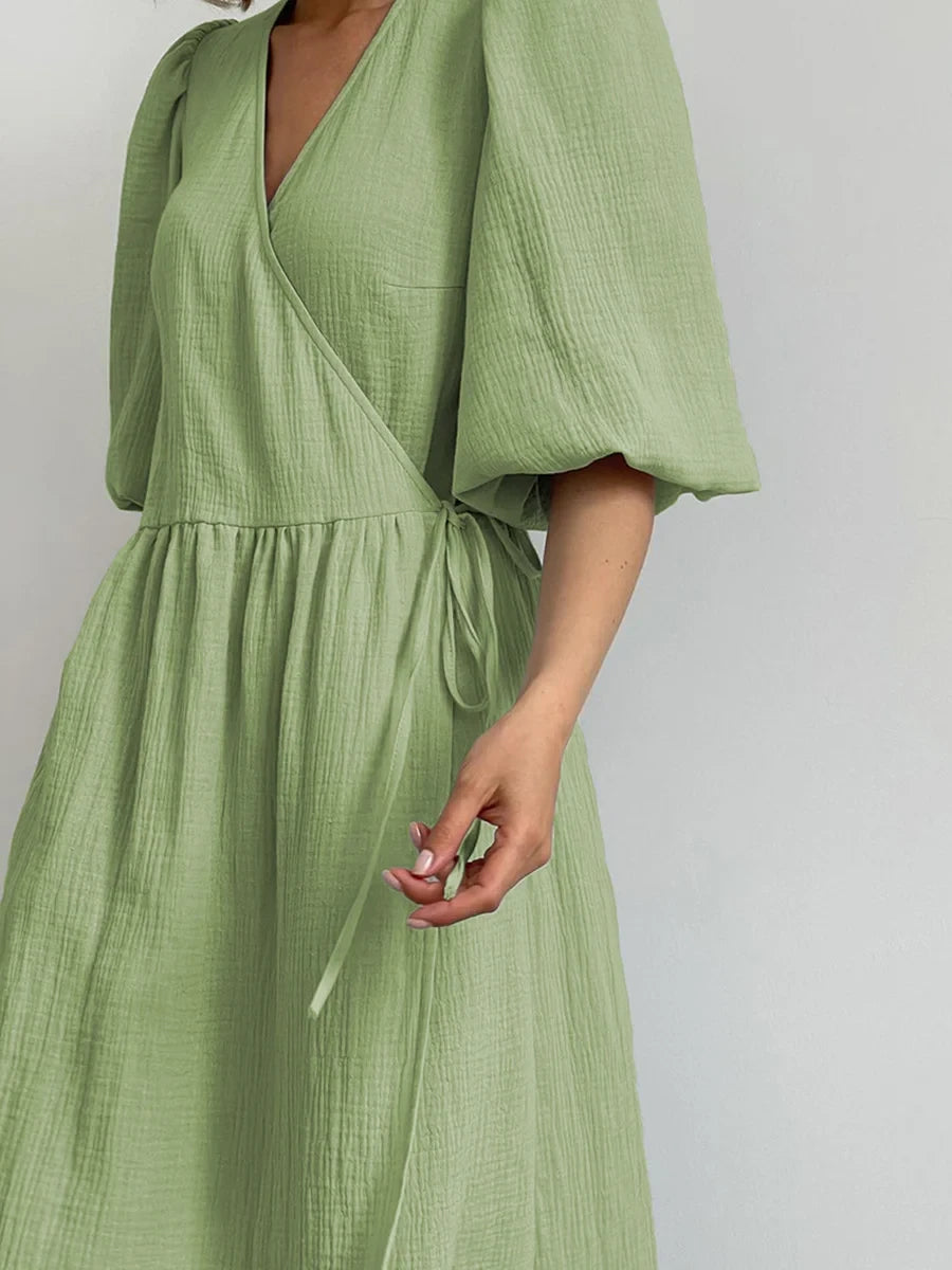 Cotton Crepe Puff Sleeve Maxi Dress