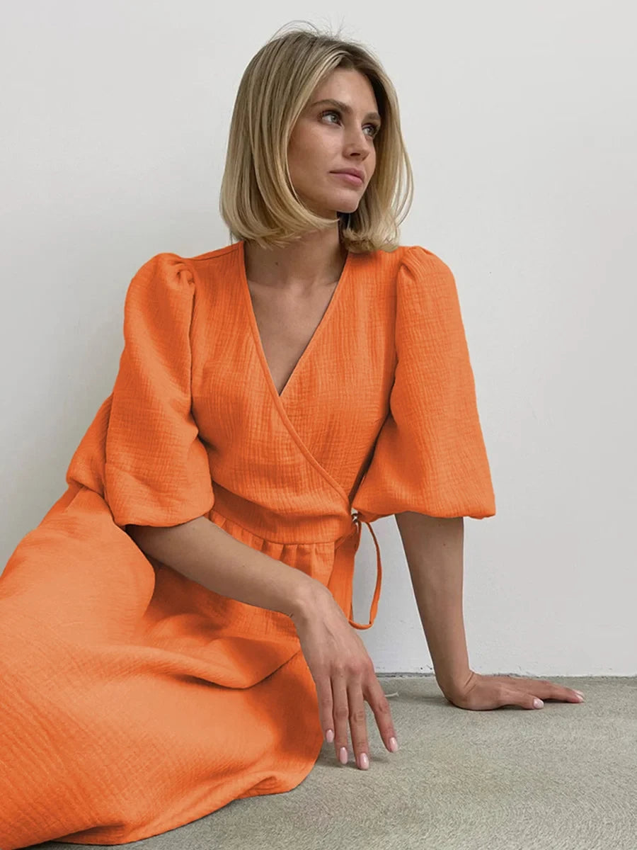 Cotton Crepe Puff Sleeve Maxi Dress