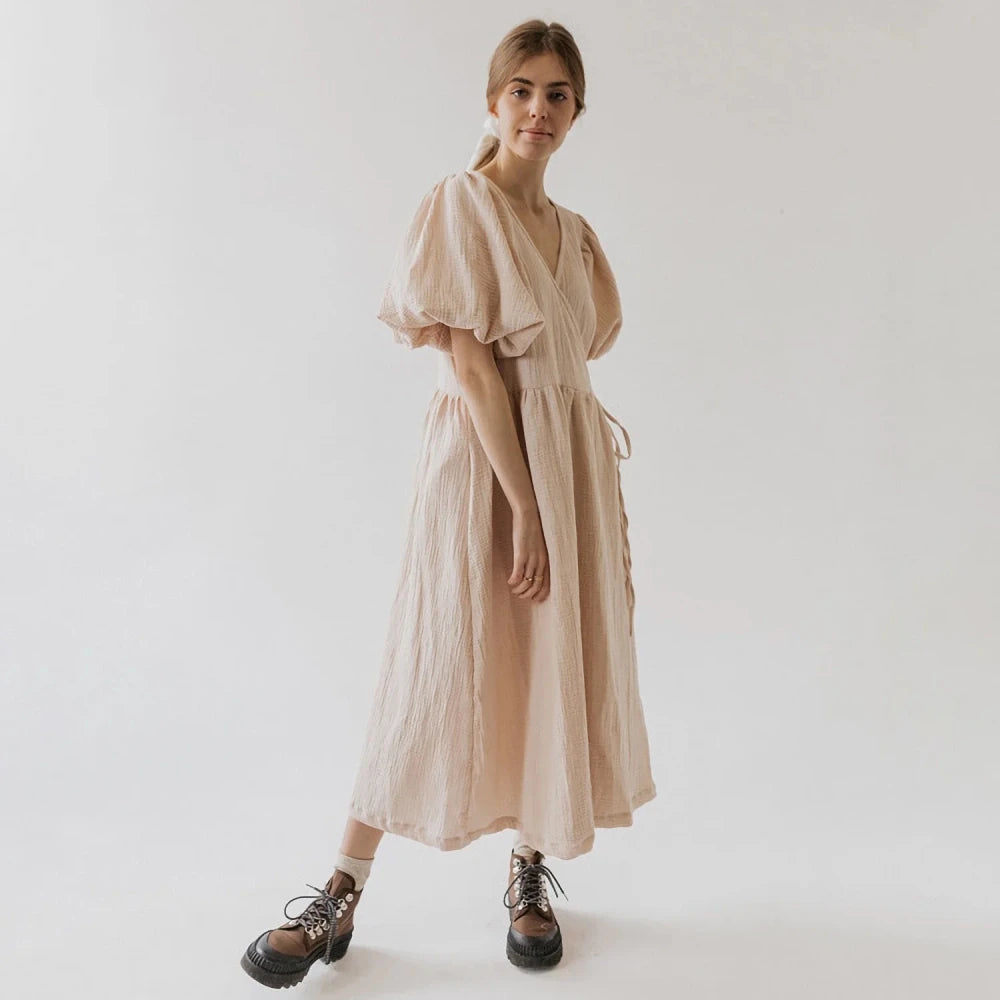 Cotton Crepe Puff Sleeve Maxi Dress