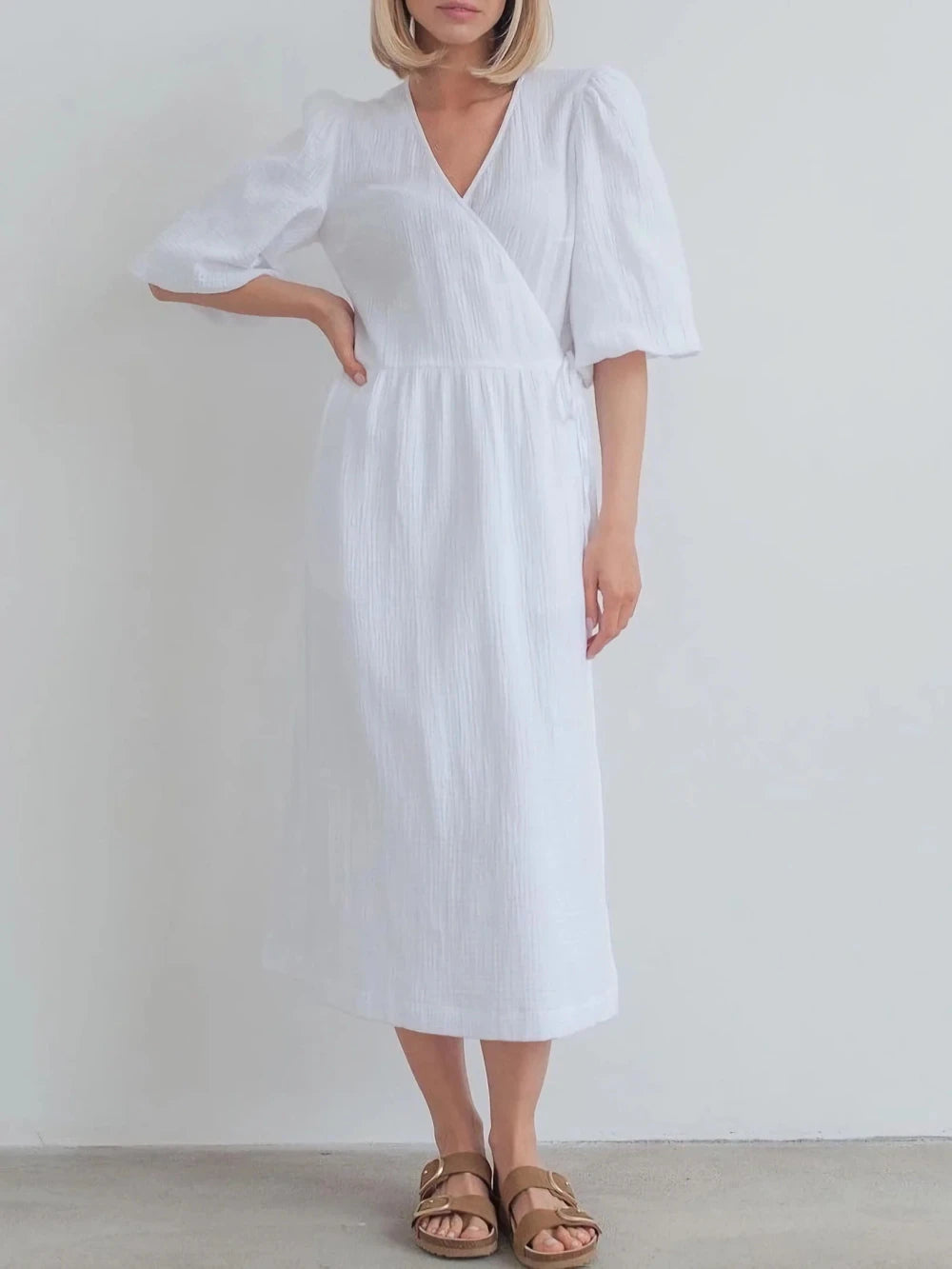 Cotton Crepe Puff Sleeve Maxi Dress