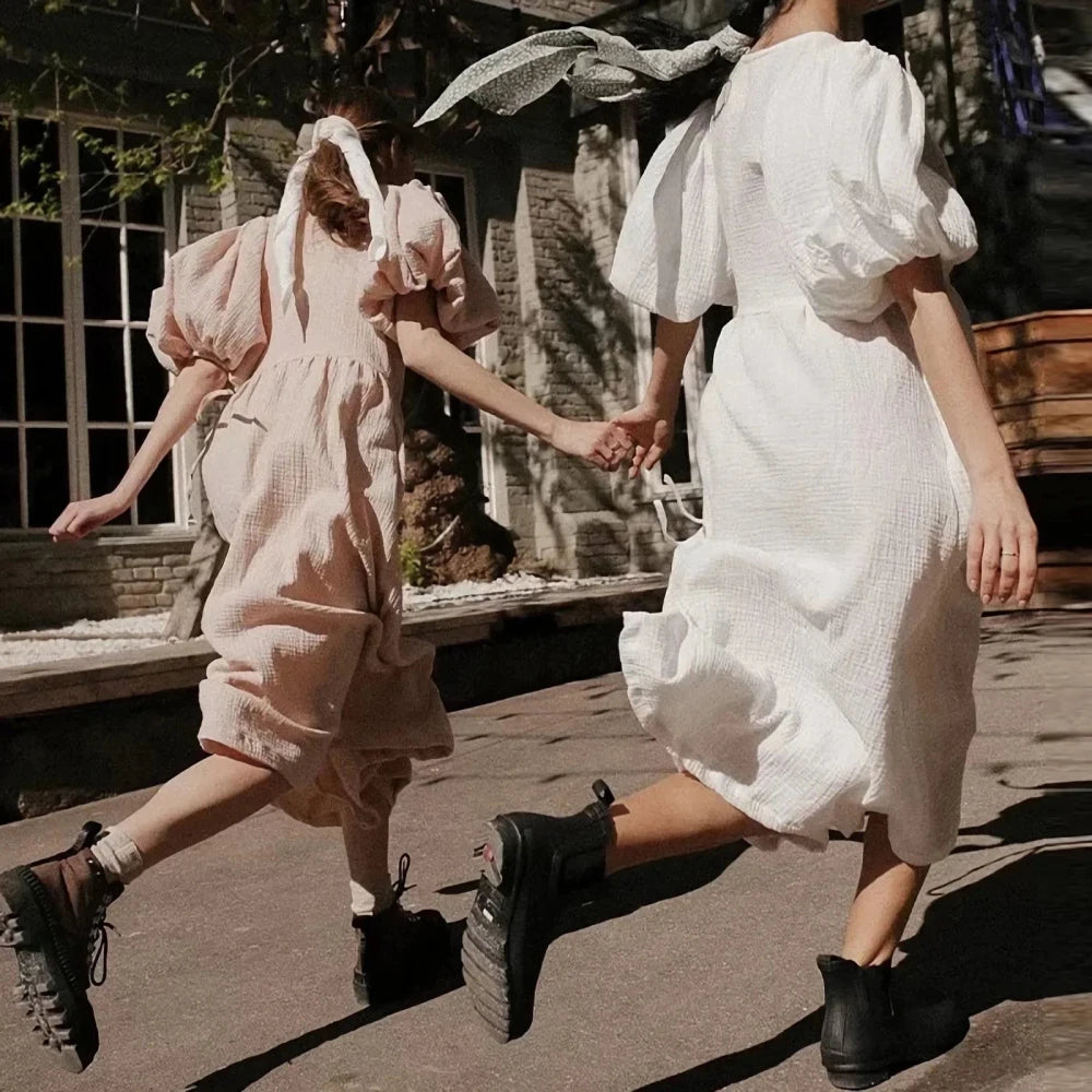 Cotton Crepe Puff Sleeve Maxi Dress