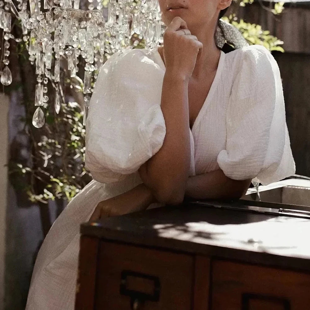 Cotton Crepe Puff Sleeve Maxi Dress