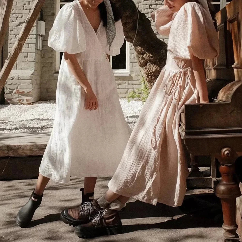 Cotton Crepe Puff Sleeve Maxi Dress